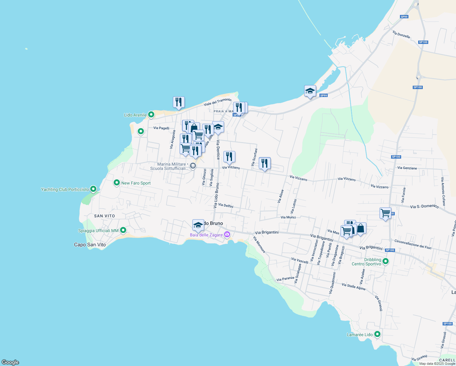 map of restaurants, bars, coffee shops, grocery stores, and more near 22 Via Temolo in Taranto
