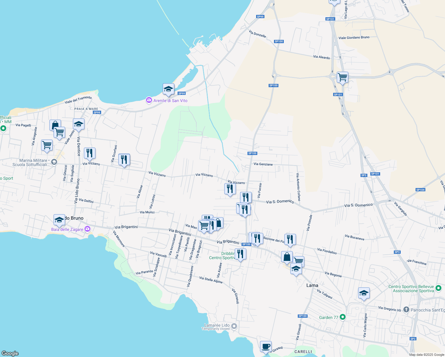 map of restaurants, bars, coffee shops, grocery stores, and more near 2 Via Pesce Martello in Taranto