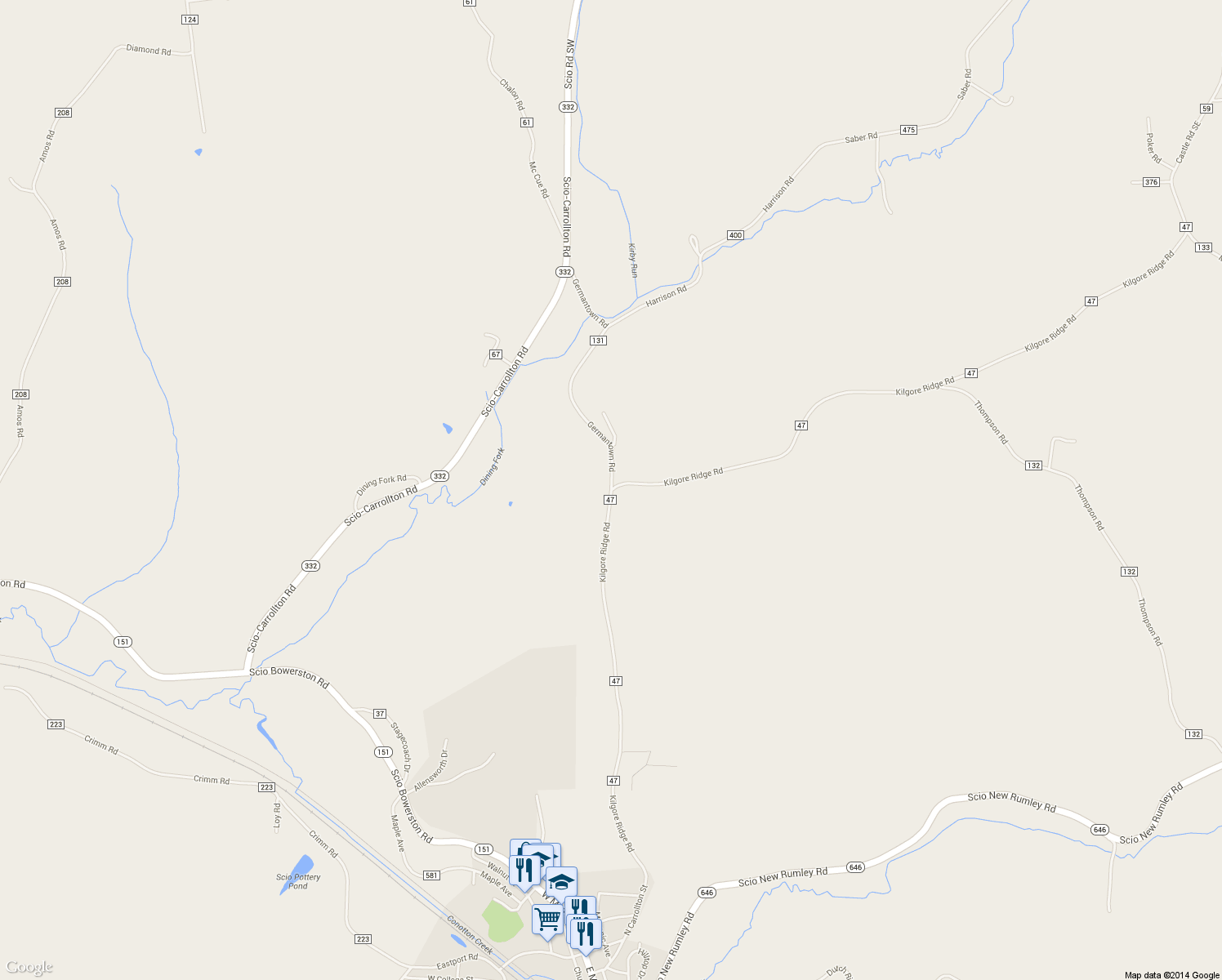 map of restaurants, bars, coffee shops, grocery stores, and more near 91010 County Highway 47 in Scio