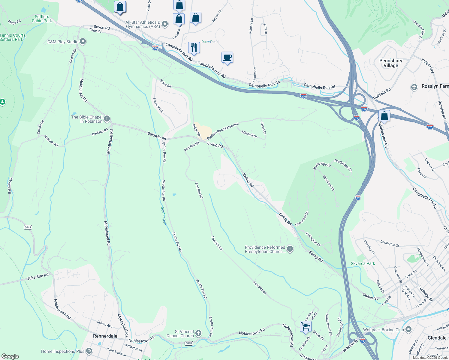 map of restaurants, bars, coffee shops, grocery stores, and more near 112 Maclaine Drive in Carnegie