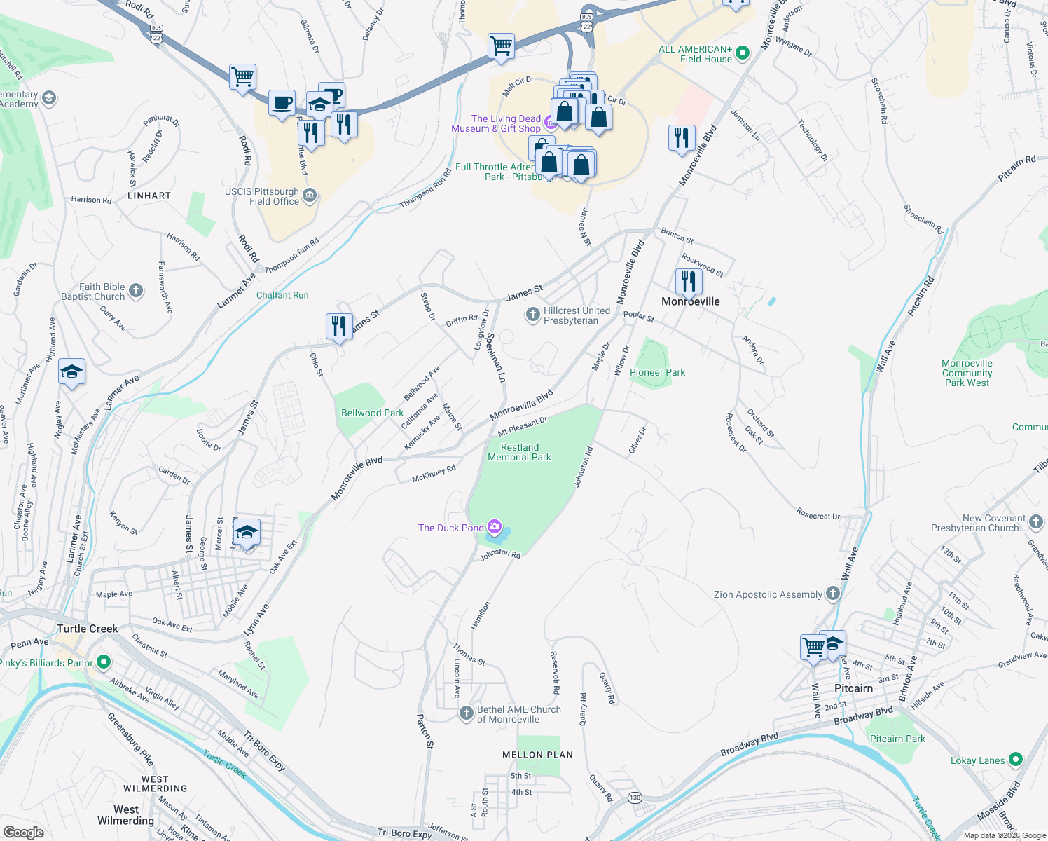 map of restaurants, bars, coffee shops, grocery stores, and more near 285 Alva Way in Monroeville