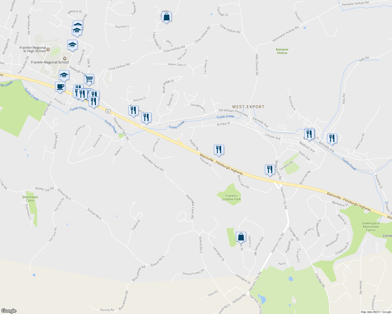 map of restaurants, bars, coffee shops, grocery stores, and more near 2501 Kohosek Court in Murrysville