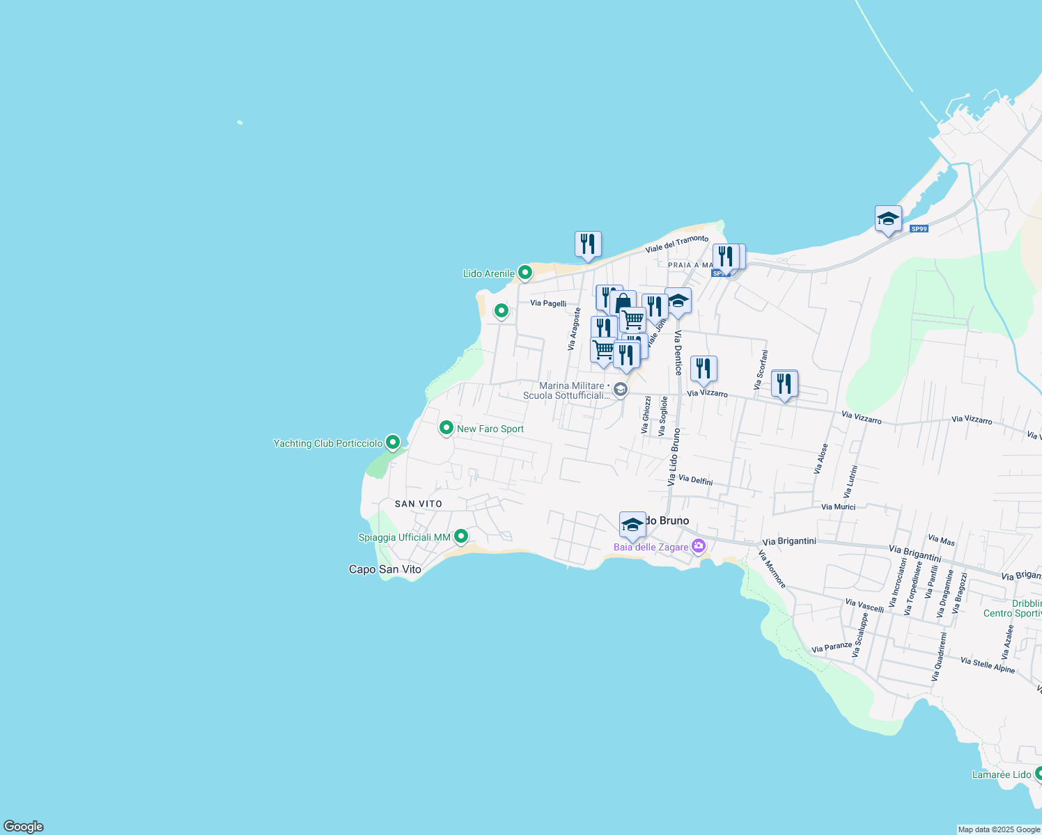 map of restaurants, bars, coffee shops, grocery stores, and more near 4 Via Calata Cornilecchia in Taranto