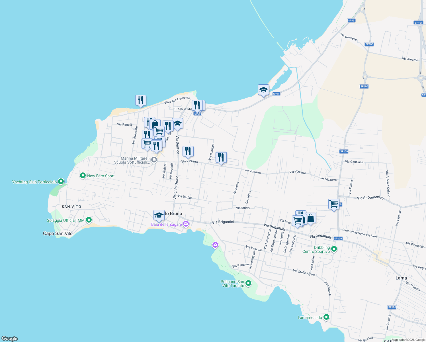 map of restaurants, bars, coffee shops, grocery stores, and more near 29-39 Via Delfini in Taranto