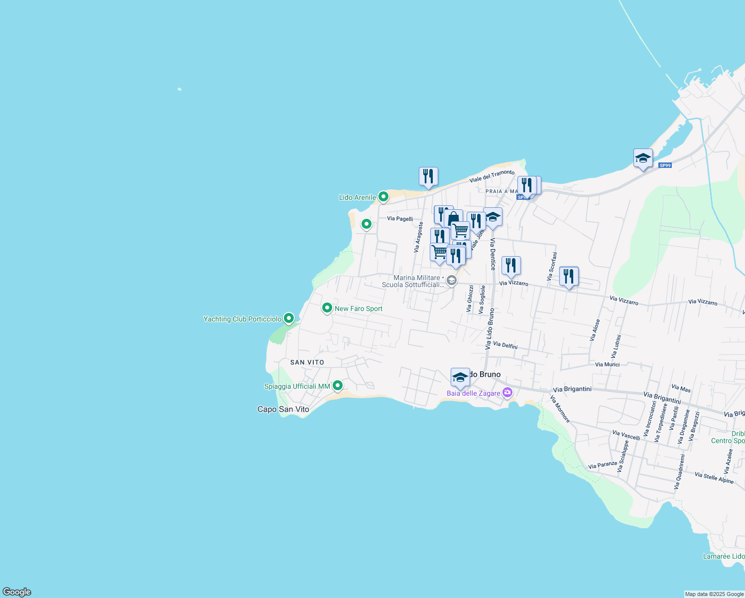 map of restaurants, bars, coffee shops, grocery stores, and more near 4 Via Calata Cornilecchia in Taranto