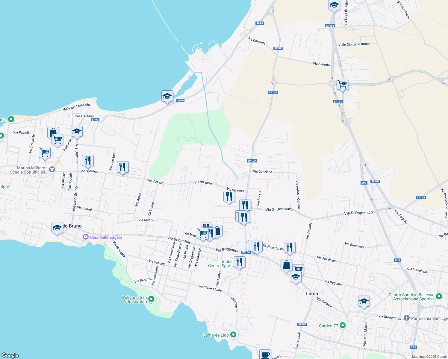 map of restaurants, bars, coffee shops, grocery stores, and more near 2 Via Pesce Martello in Taranto