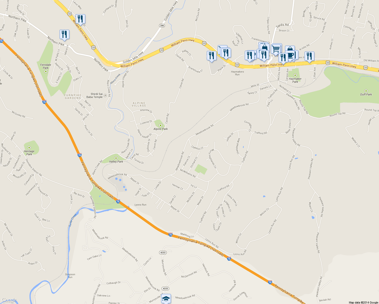 map of restaurants, bars, coffee shops, grocery stores, and more near 2616 Patrice Court in Murrysville