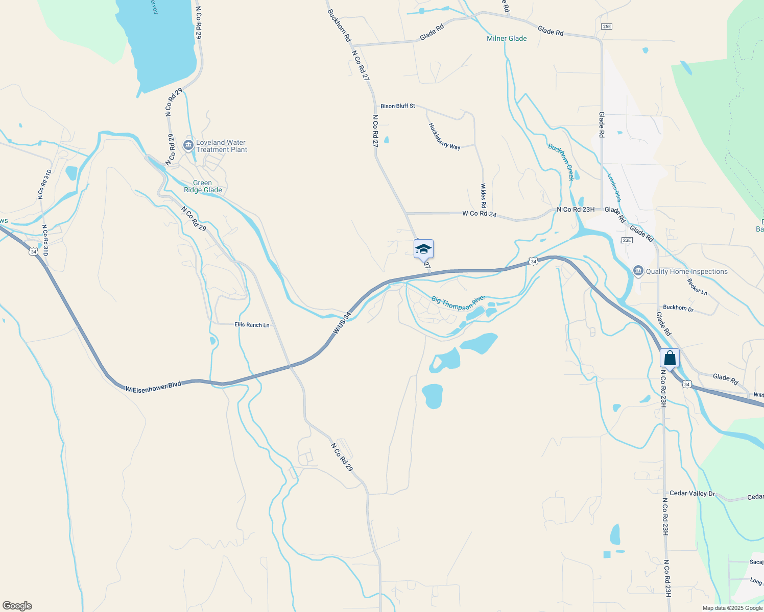 map of restaurants, bars, coffee shops, grocery stores, and more near 2191 River Rim Road in Loveland