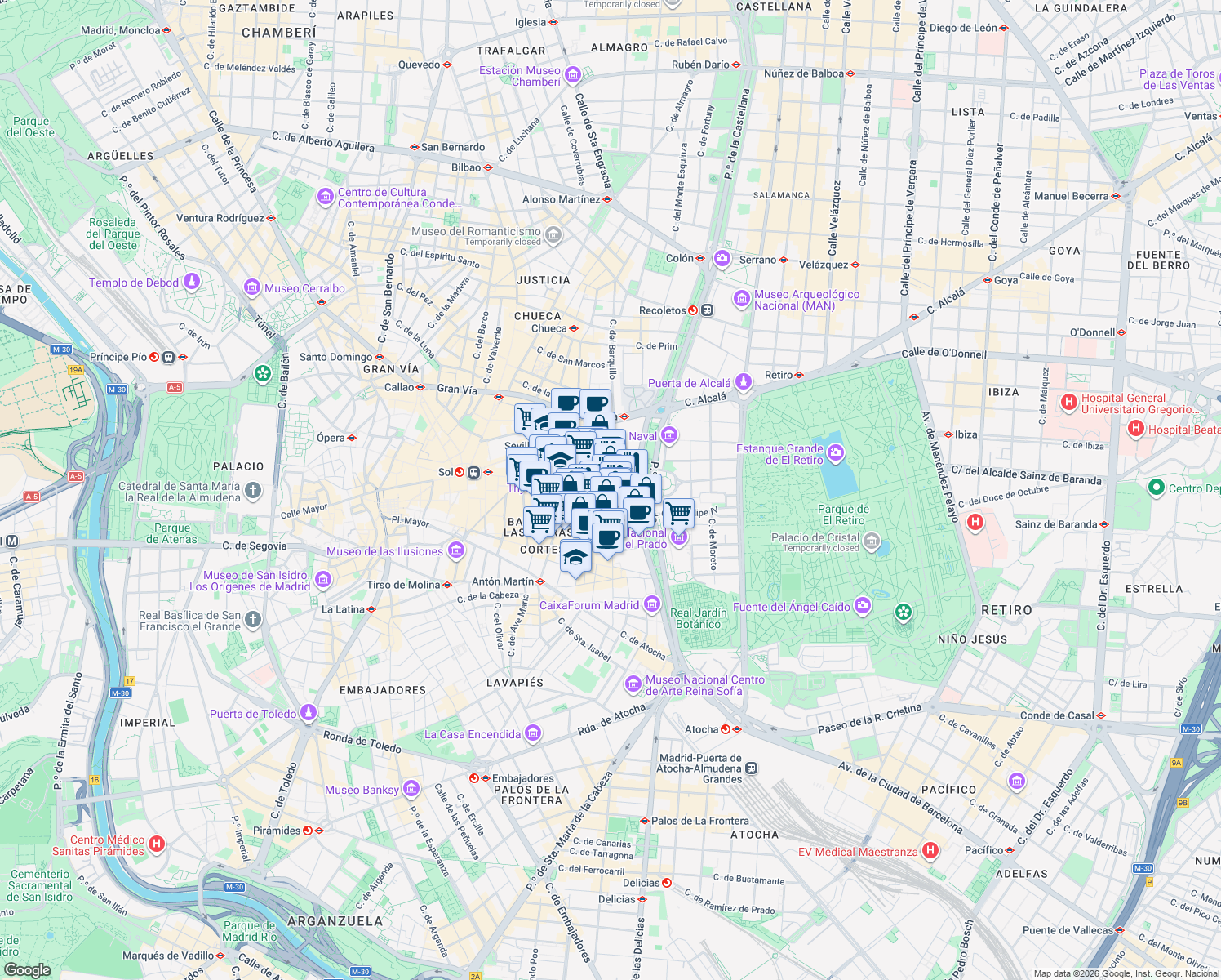 map of restaurants, bars, coffee shops, grocery stores, and more near 2 Plaza de las Cortes in Madrid