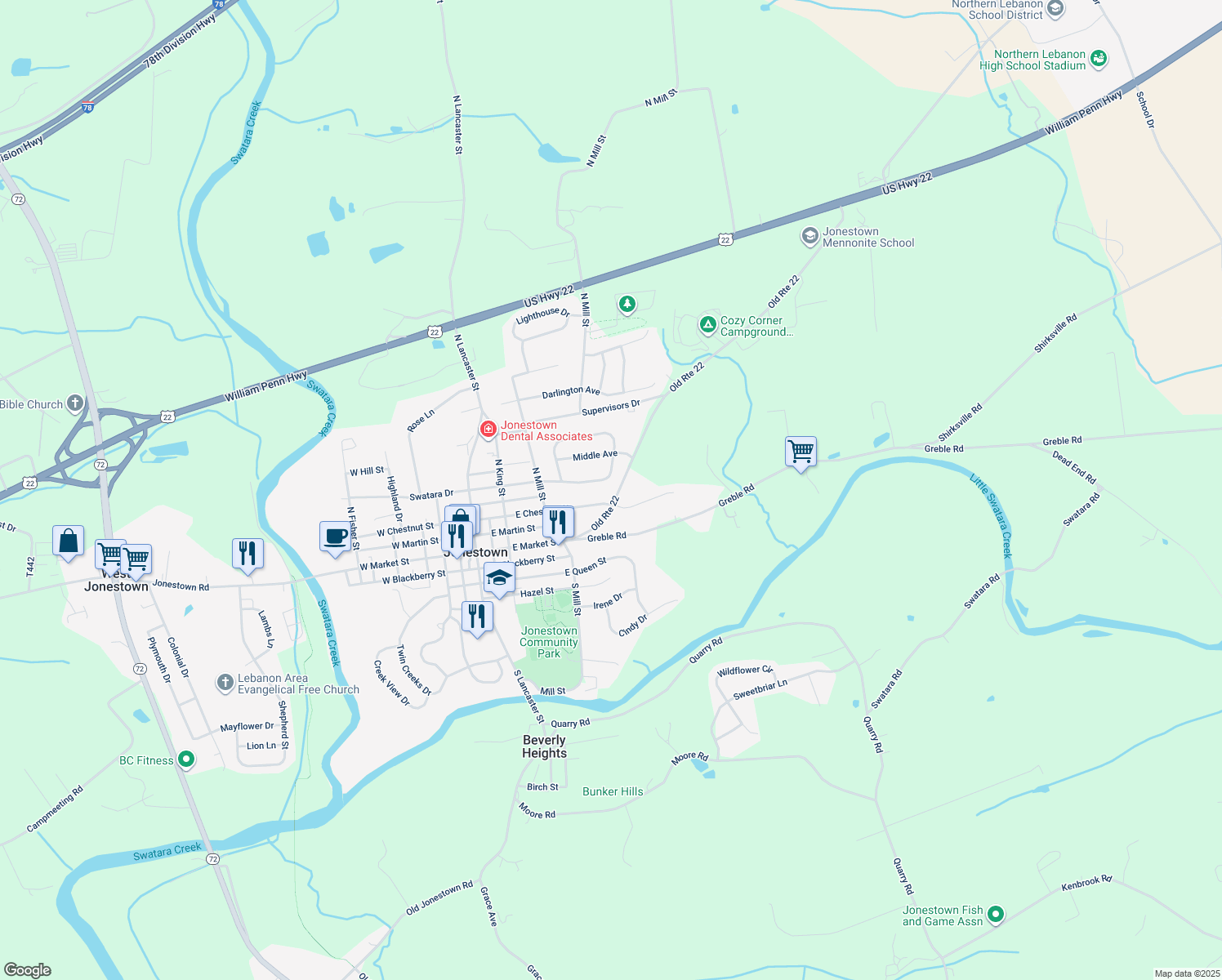 map of restaurants, bars, coffee shops, grocery stores, and more near 117 Swatara Circle in Jonestown