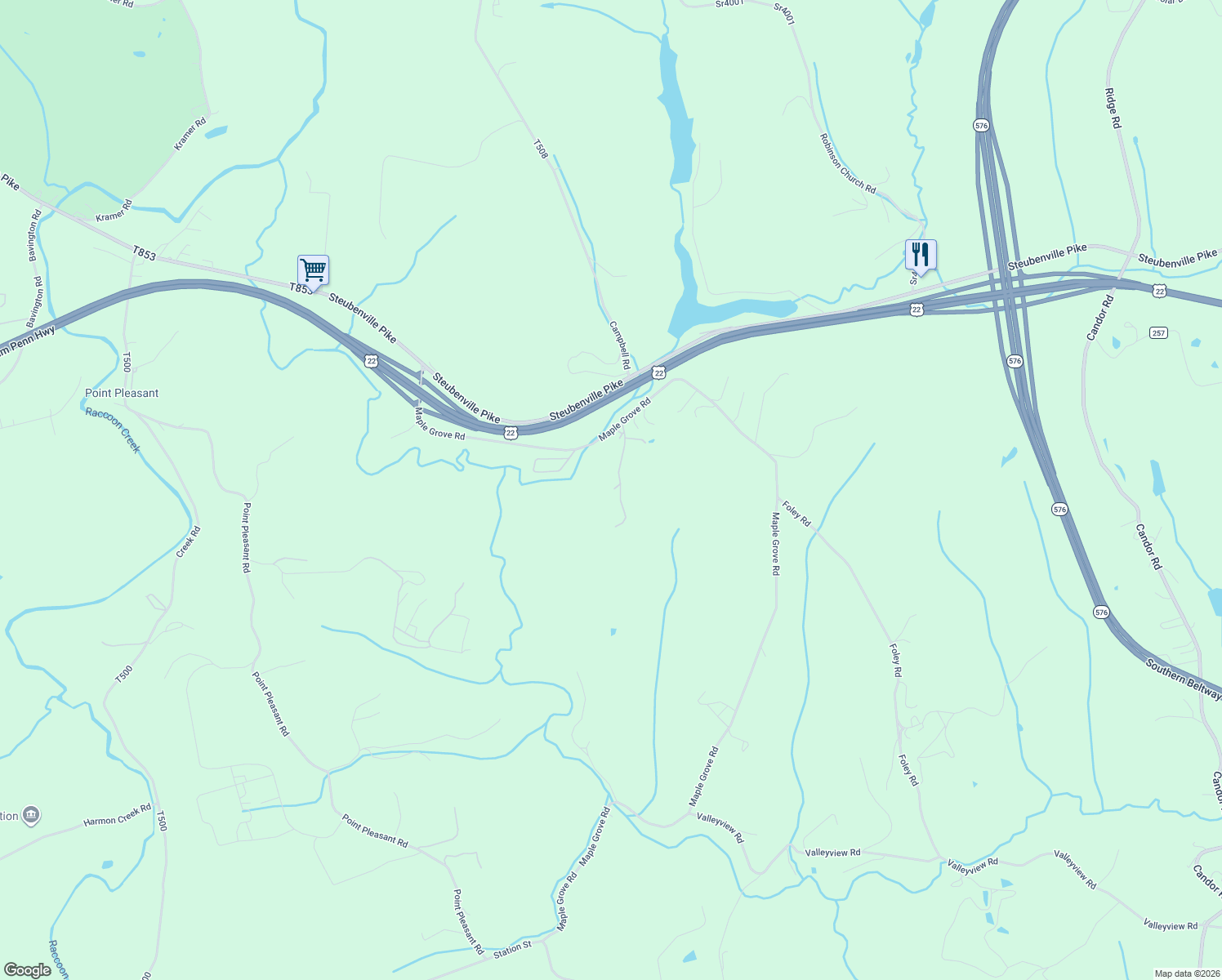 map of restaurants, bars, coffee shops, grocery stores, and more near 6069 Maple Grove Road in Bulger