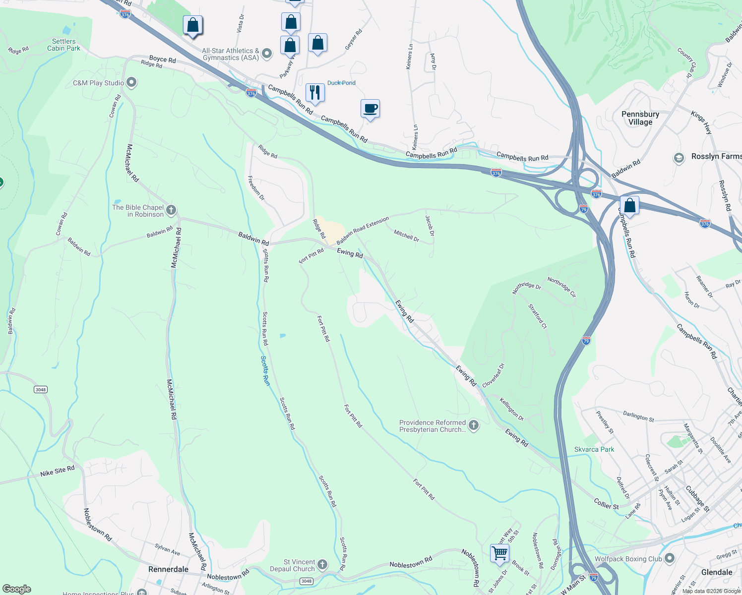 map of restaurants, bars, coffee shops, grocery stores, and more near 112 Maclaine Drive in Carnegie