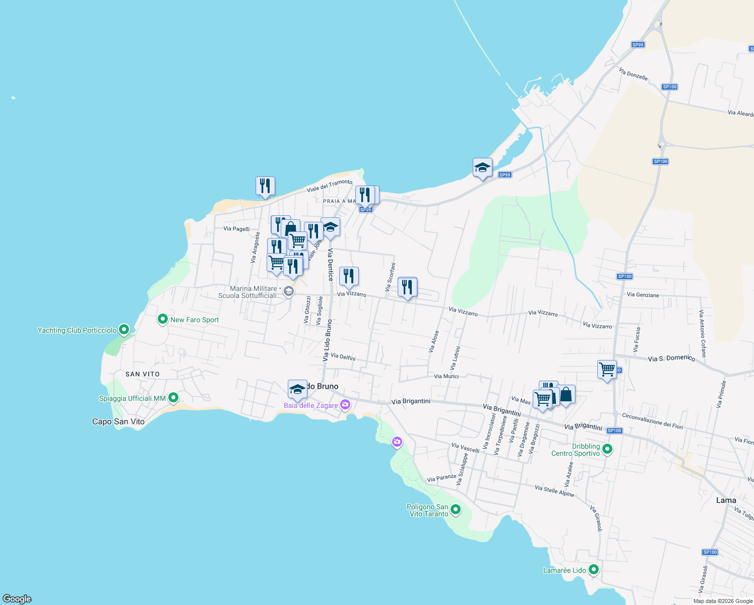 map of restaurants, bars, coffee shops, grocery stores, and more near 39 Via Delfini in Taranto
