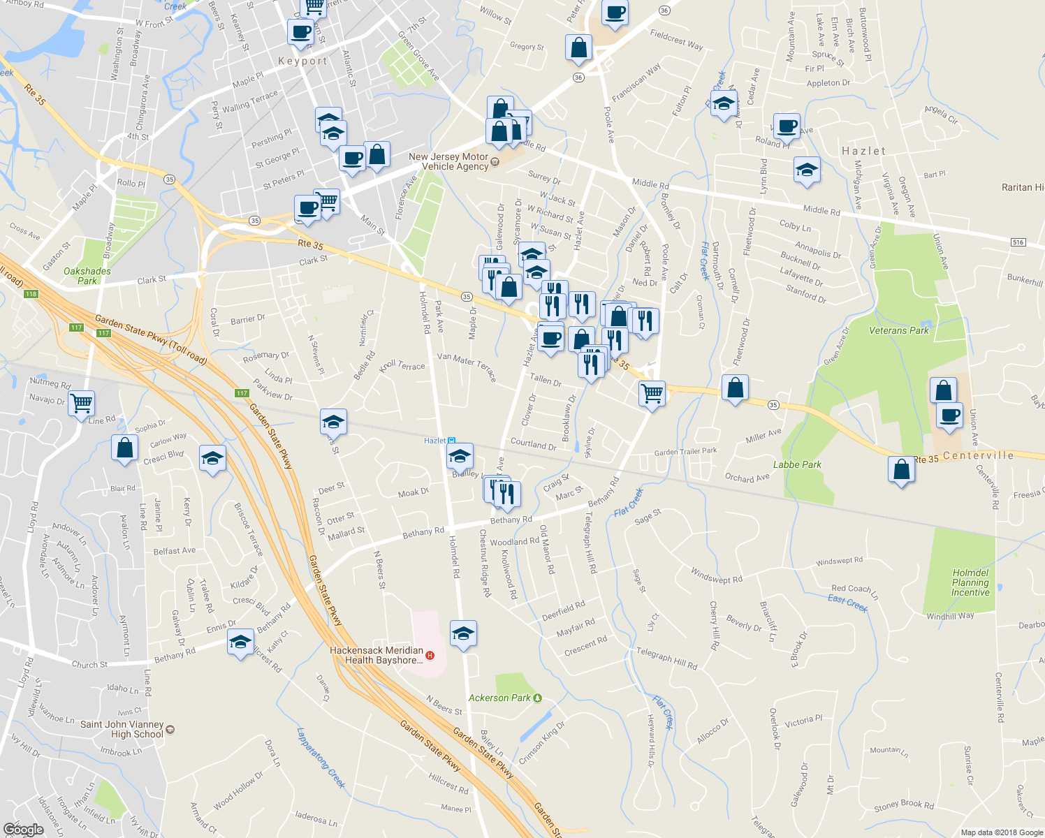 map of restaurants, bars, coffee shops, grocery stores, and more near 9 Clover Drive in Hazlet