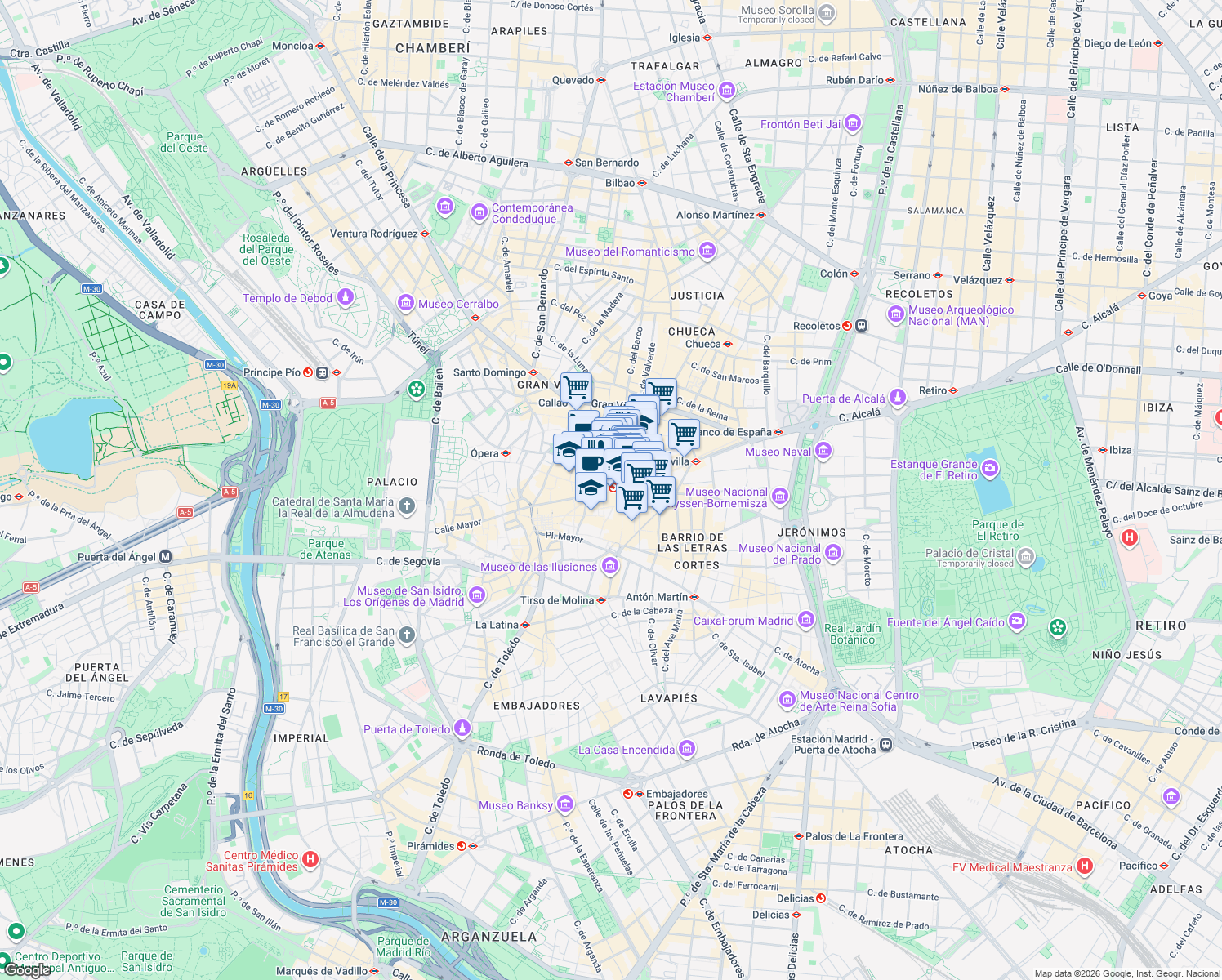 map of restaurants, bars, coffee shops, grocery stores, and more near in Madrid