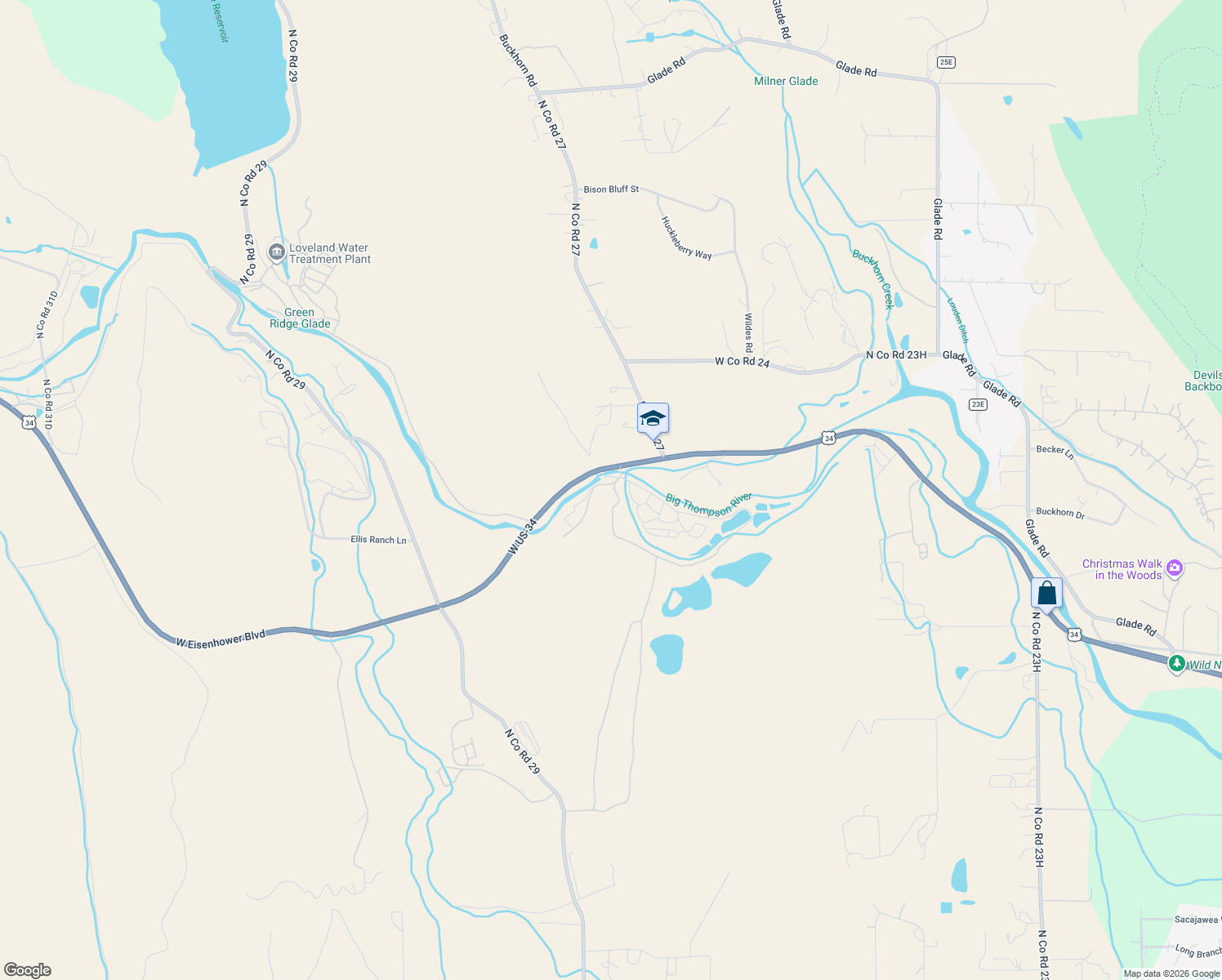 map of restaurants, bars, coffee shops, grocery stores, and more near 2191 River Rim Road in Loveland