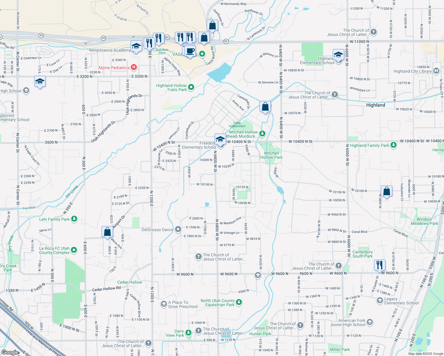 map of restaurants, bars, coffee shops, grocery stores, and more near 6767 West 10205 North in Highland
