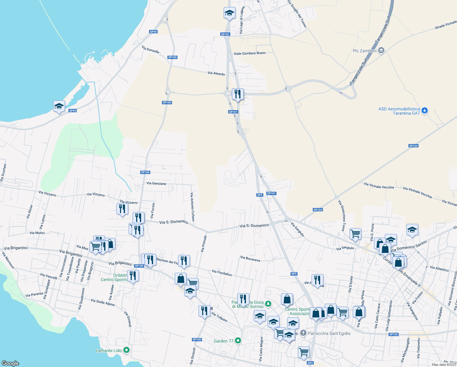 map of restaurants, bars, coffee shops, grocery stores, and more near in Taranto