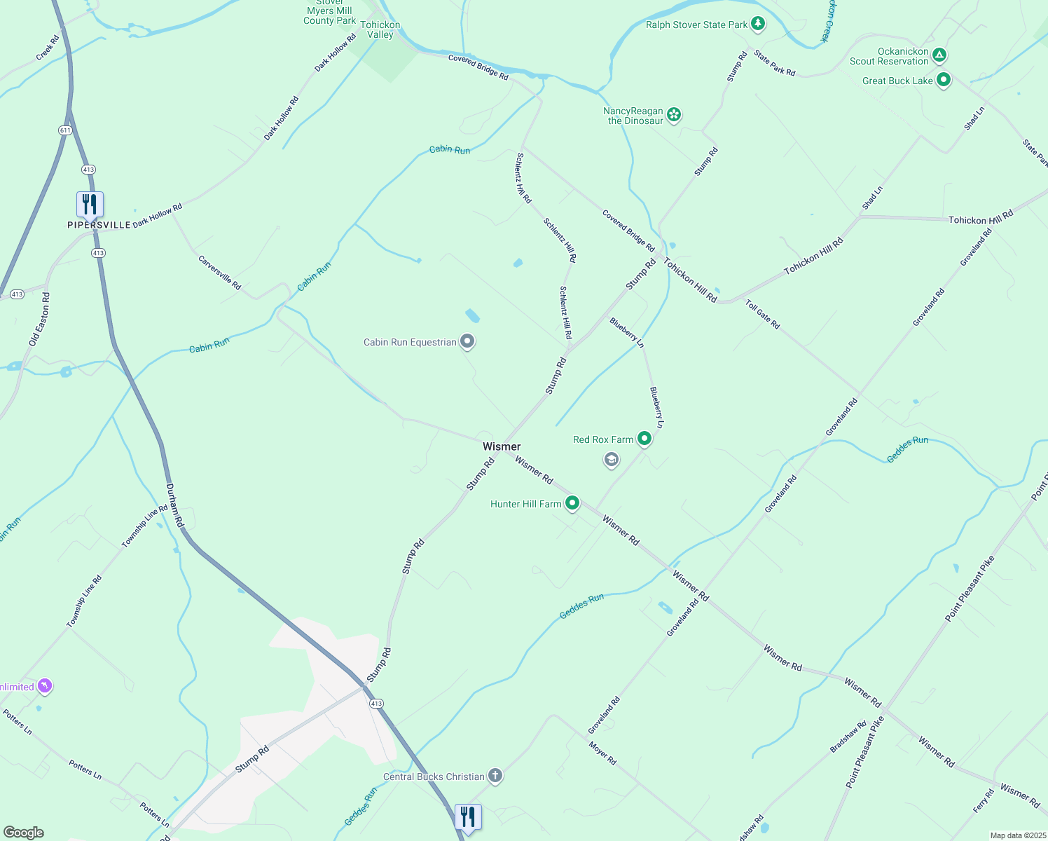 map of restaurants, bars, coffee shops, grocery stores, and more near 6439 Stump Road in Pipersville