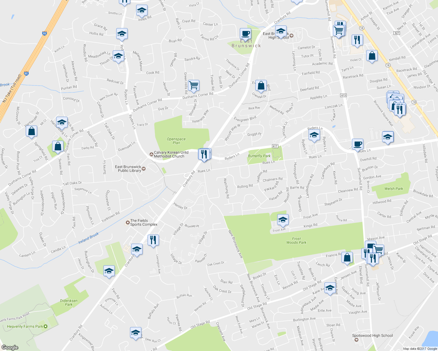 map of restaurants, bars, coffee shops, grocery stores, and more near 6 Greenbrae Court in East Brunswick