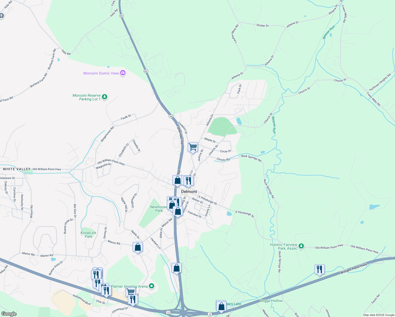 map of restaurants, bars, coffee shops, grocery stores, and more near 222 Aurora Street in Delmont