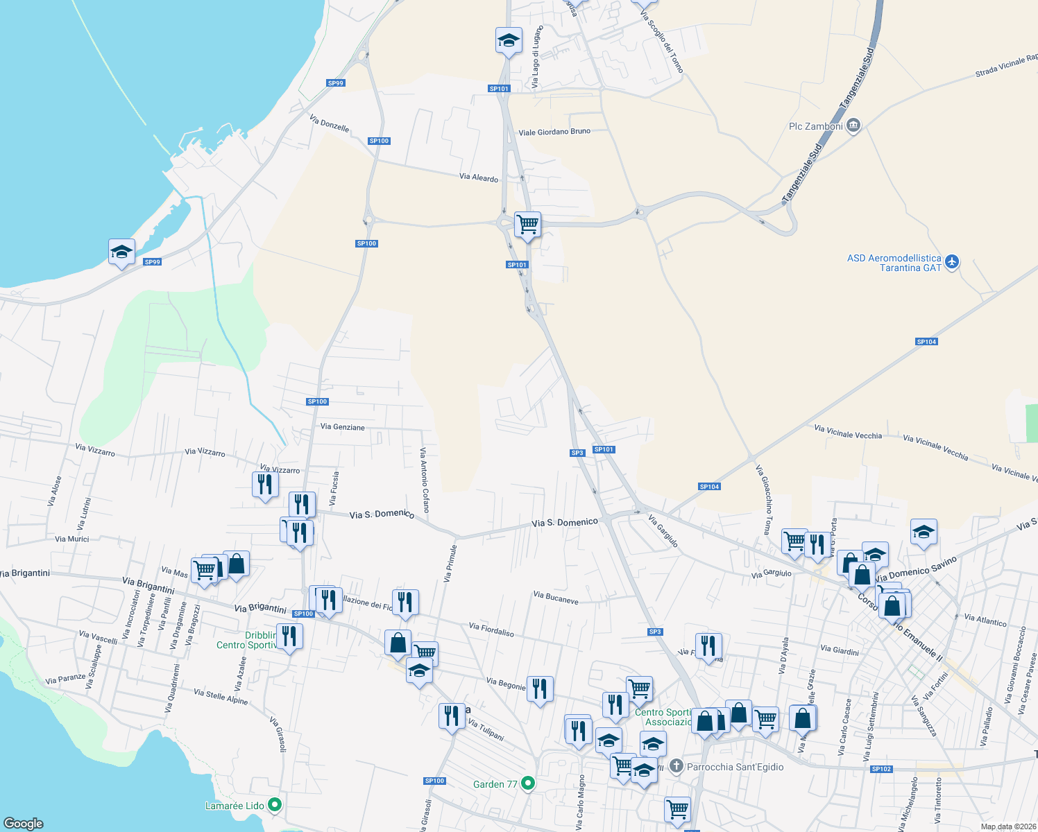 map of restaurants, bars, coffee shops, grocery stores, and more near 450 Via Mediterraneo in Taranto
