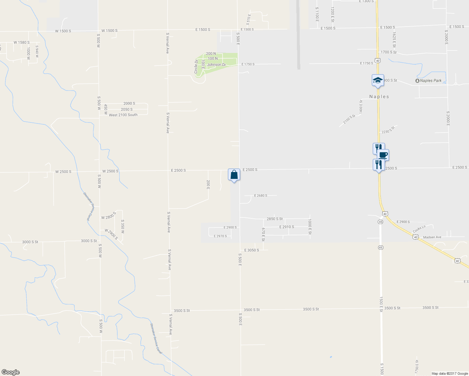 map of restaurants, bars, coffee shops, grocery stores, and more near 2614 South 500 East in Vernal
