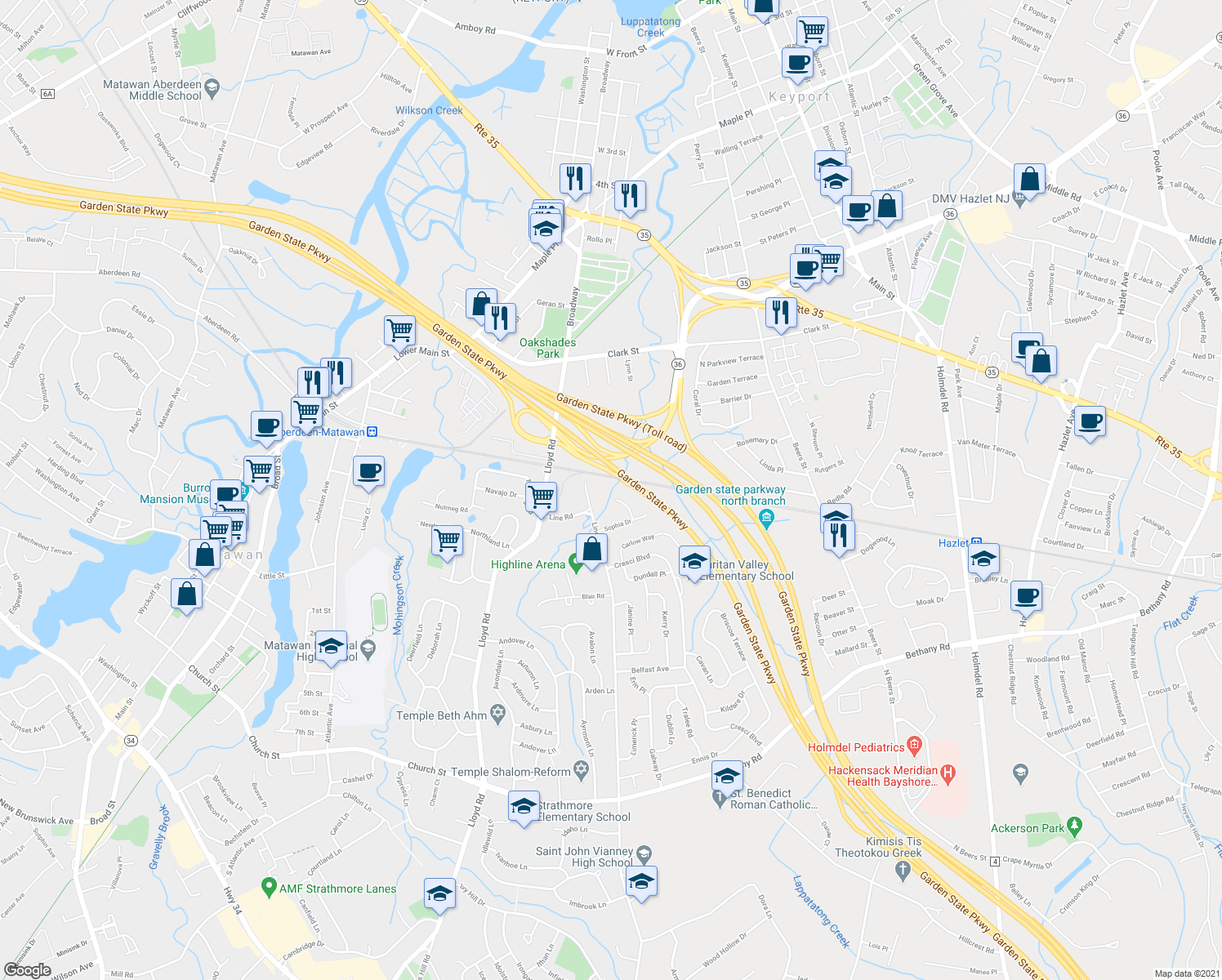 map of restaurants, bars, coffee shops, grocery stores, and more near 8 Leitrim Ln in Hazlet
