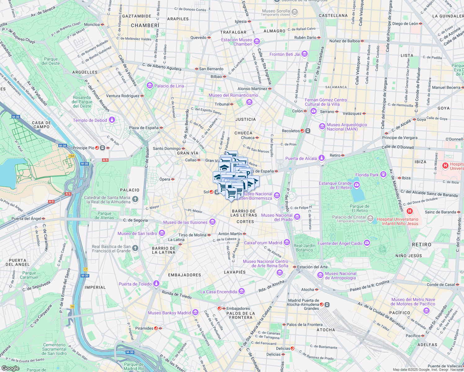 map of restaurants, bars, coffee shops, grocery stores, and more near 15 Calle de Alcalá in Madrid