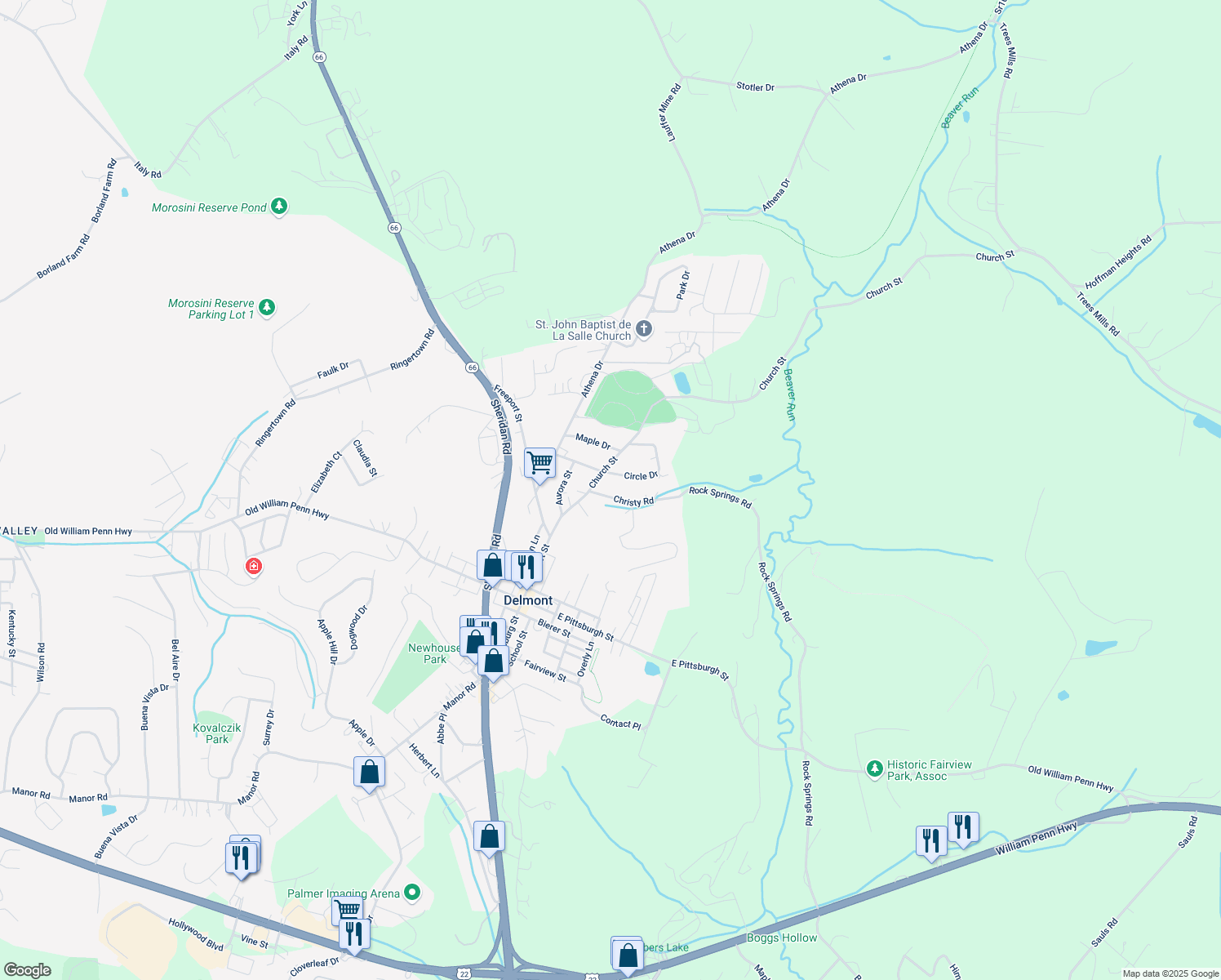 map of restaurants, bars, coffee shops, grocery stores, and more near 24 Christy Rd in Delmont