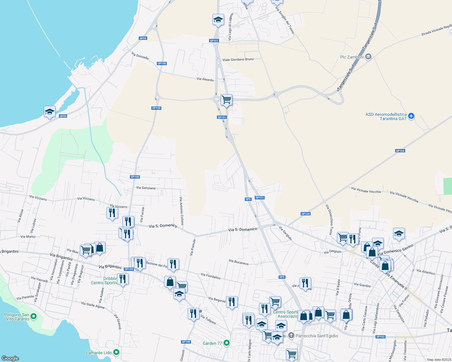 map of restaurants, bars, coffee shops, grocery stores, and more near 450 Via Mediterraneo in Taranto