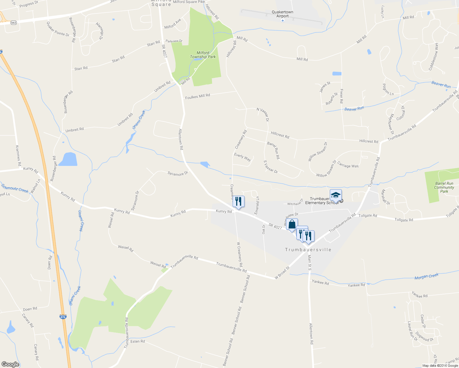 map of restaurants, bars, coffee shops, grocery stores, and more near 1600 Lucas Court in Quakertown