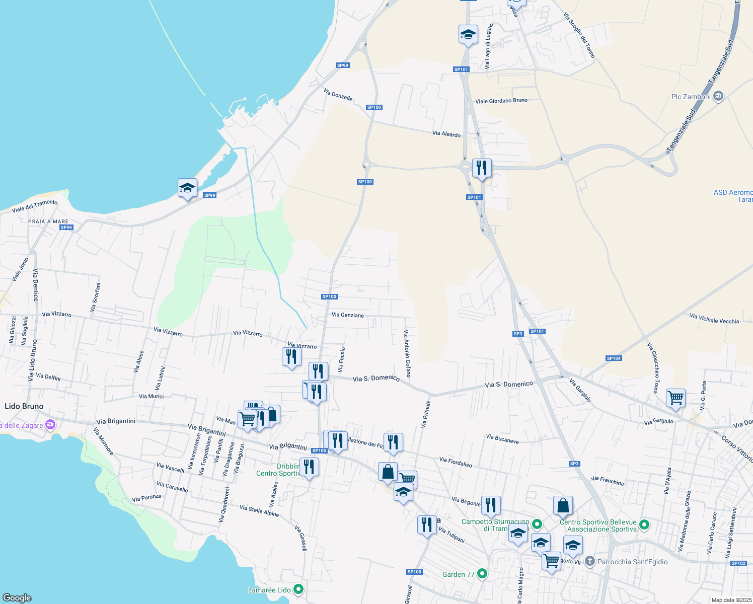map of restaurants, bars, coffee shops, grocery stores, and more near 31 Via Fresie in Taranto