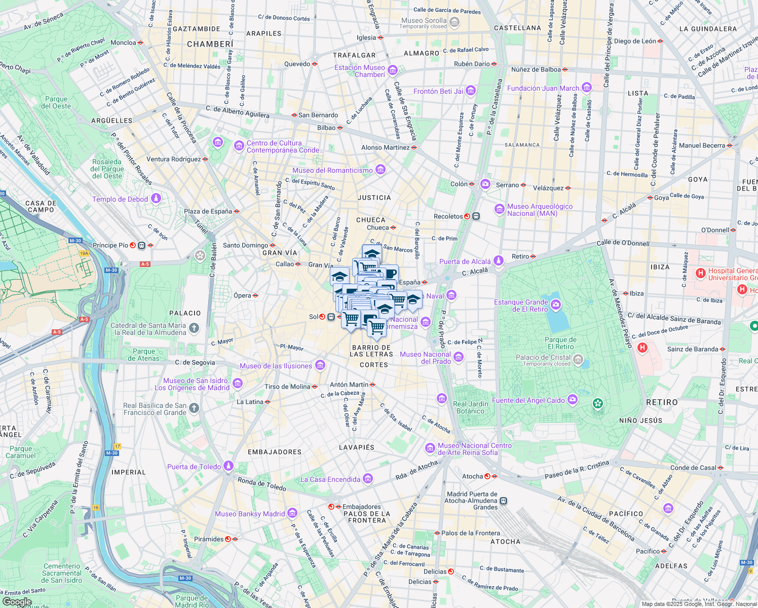 map of restaurants, bars, coffee shops, grocery stores, and more near 20 Calle de Alcalá in Madrid