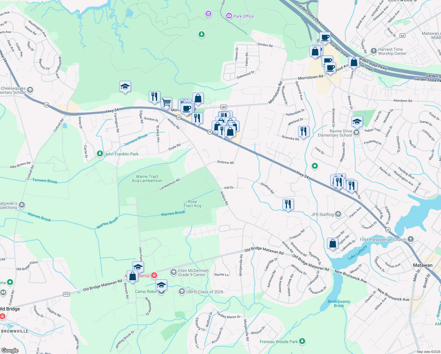 map of restaurants, bars, coffee shops, grocery stores, and more near 190 Amboy Road in Matawan
