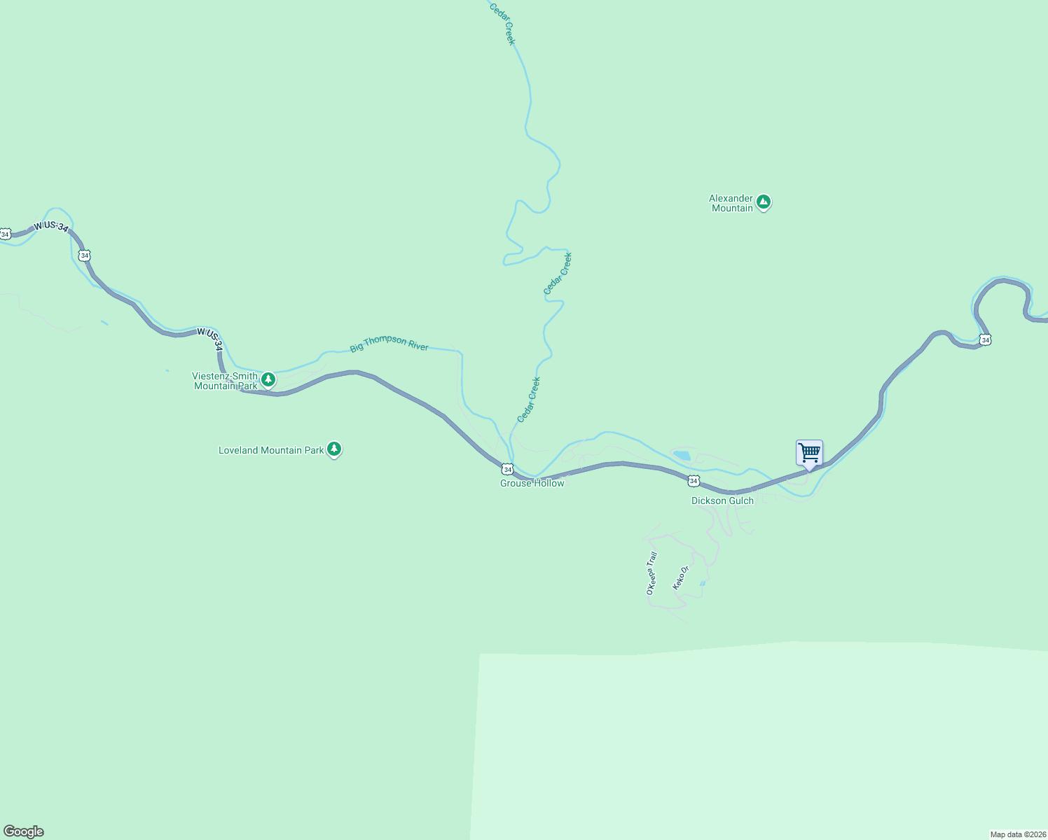 map of restaurants, bars, coffee shops, grocery stores, and more near 50 Cedar Brook Lane in Loveland