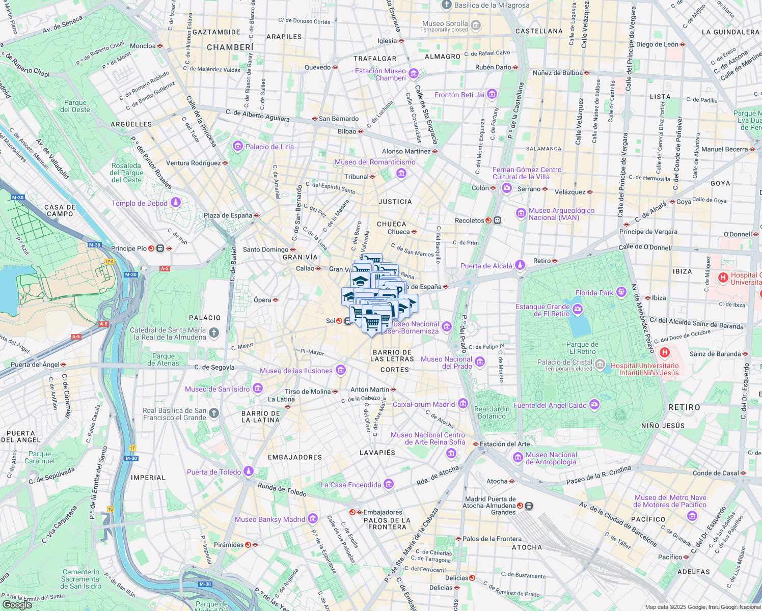 map of restaurants, bars, coffee shops, grocery stores, and more near 15 Calle de Alcalá in Madrid