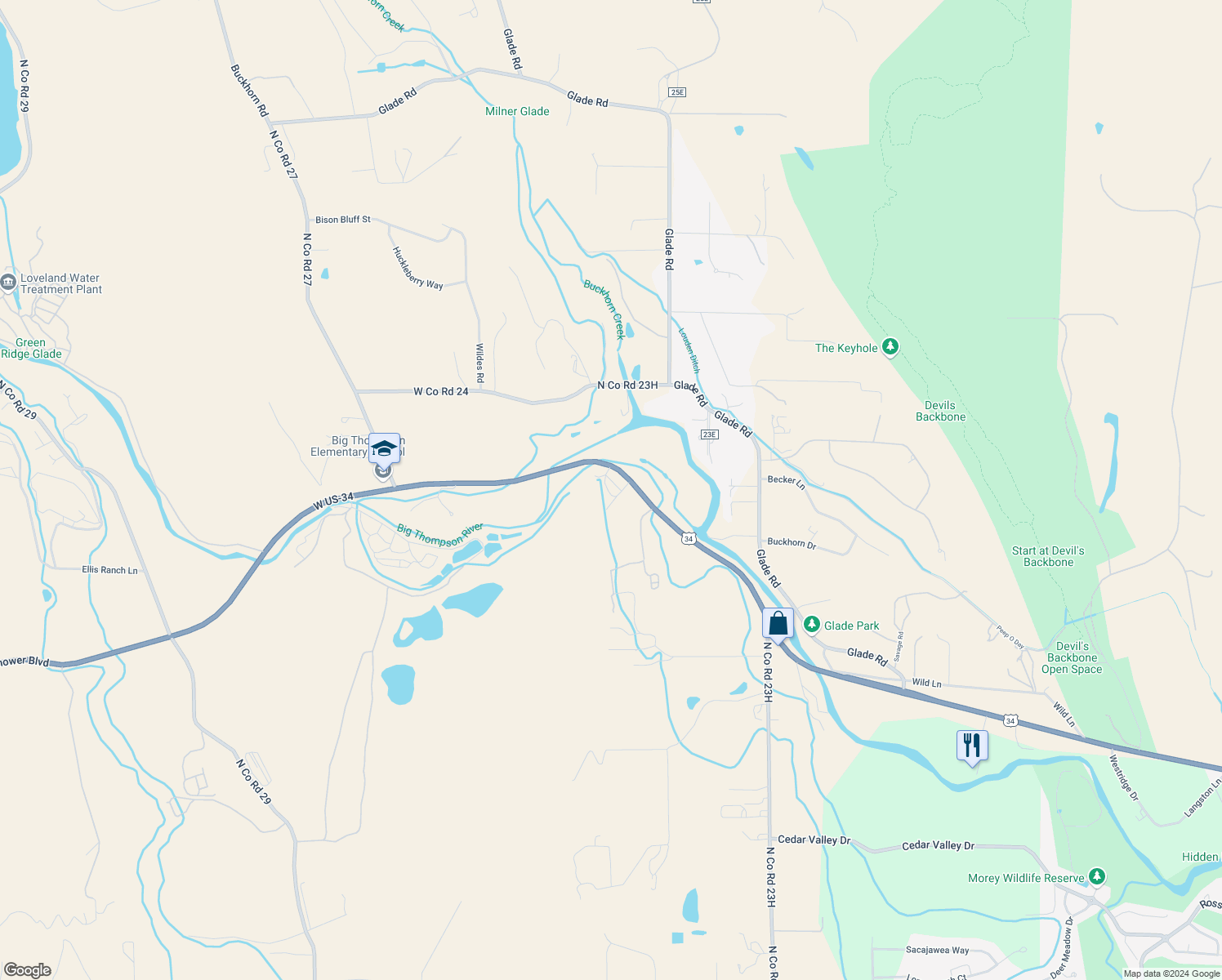 map of restaurants, bars, coffee shops, grocery stores, and more near 6850 U.S. 34 in Loveland