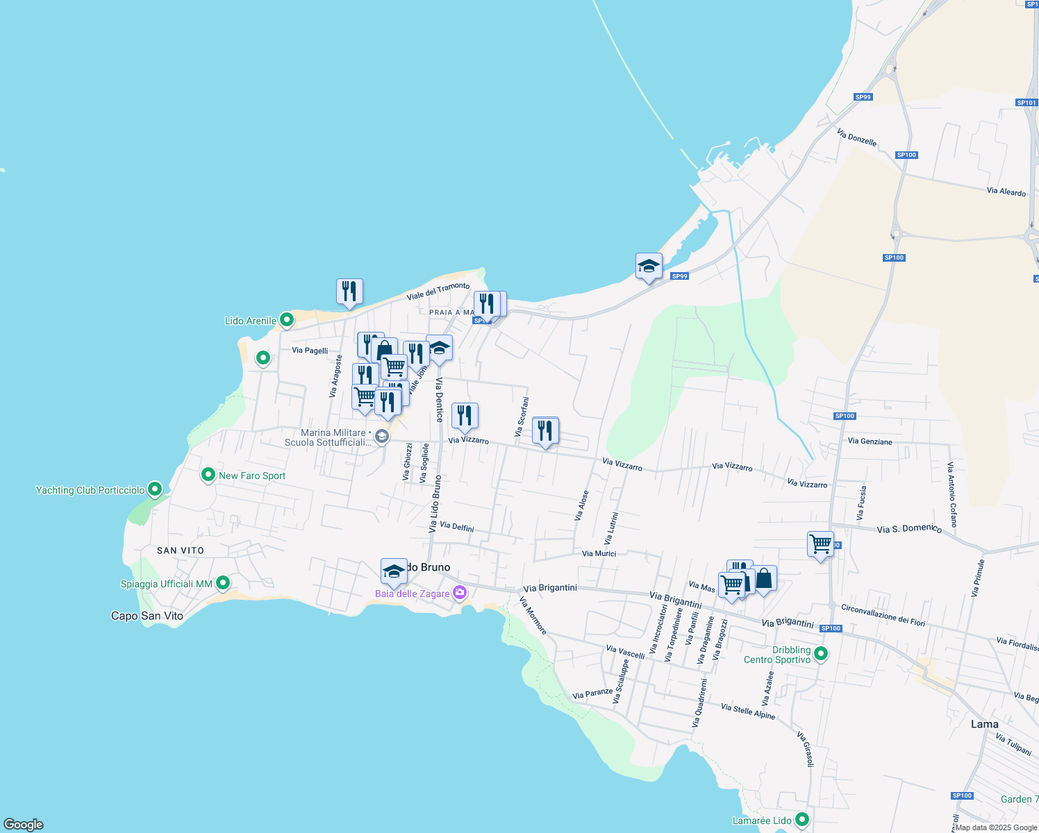 map of restaurants, bars, coffee shops, grocery stores, and more near 9 Via Scorfani in Taranto