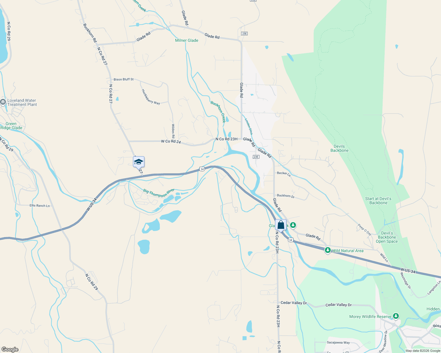 map of restaurants, bars, coffee shops, grocery stores, and more near 6850 U.S. 34 in Loveland
