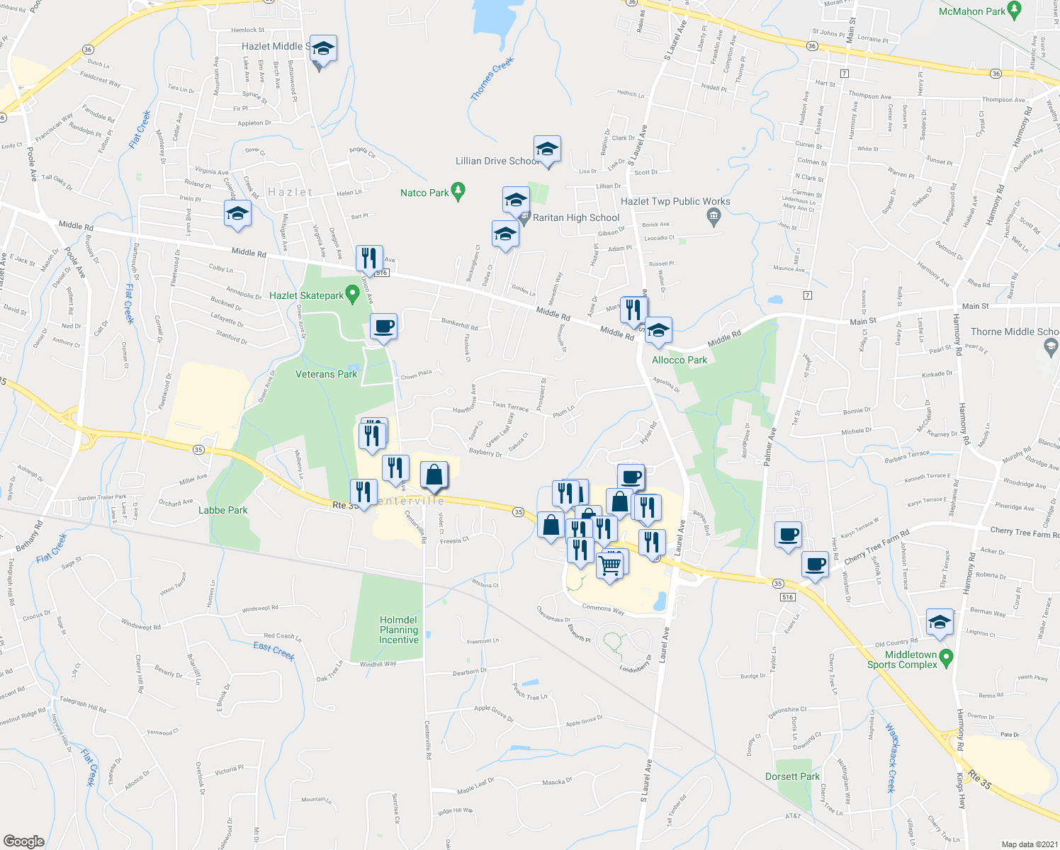 map of restaurants, bars, coffee shops, grocery stores, and more near 12 Dakota Court in Holmdel