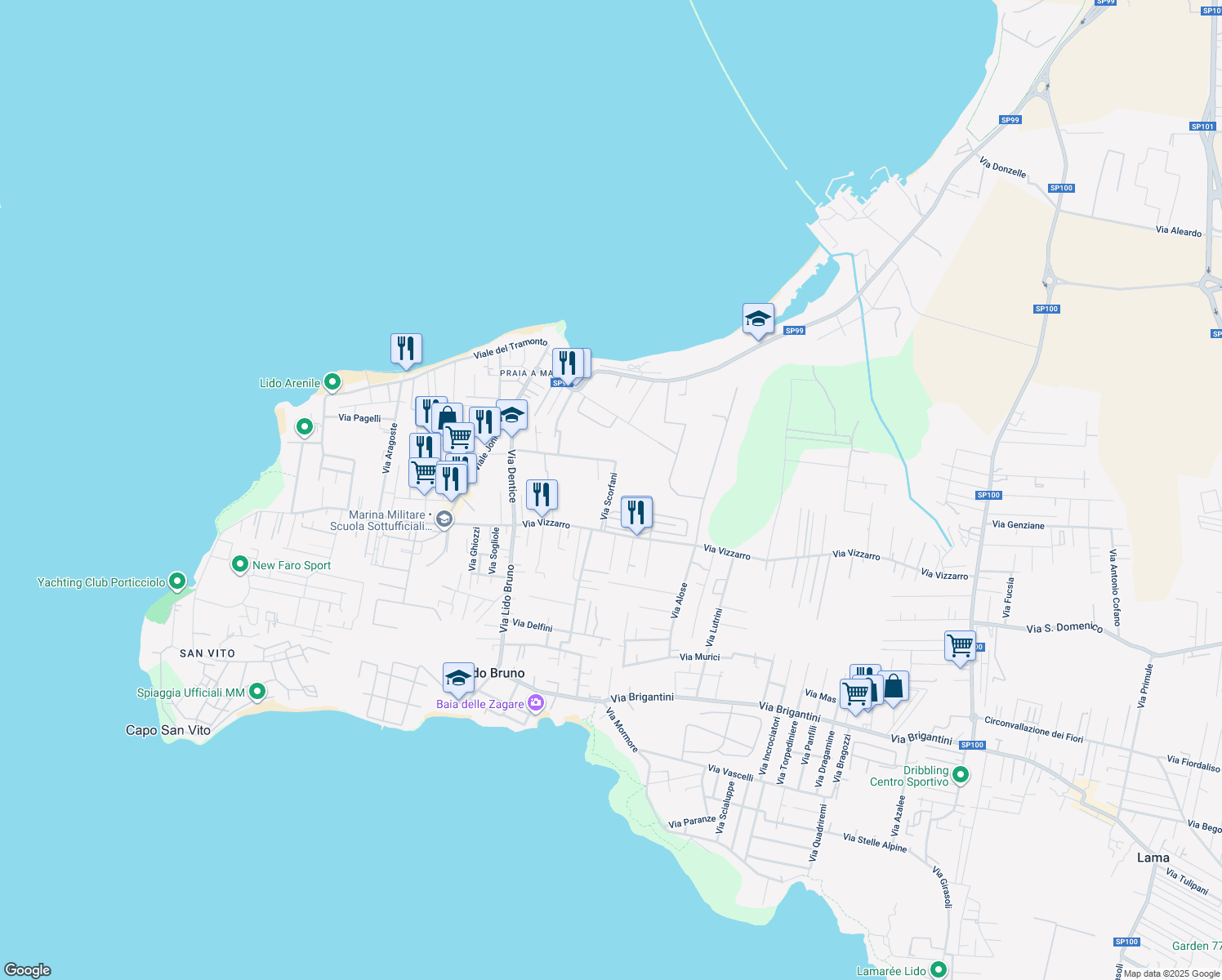 map of restaurants, bars, coffee shops, grocery stores, and more near 9 Via Scorfani in Taranto
