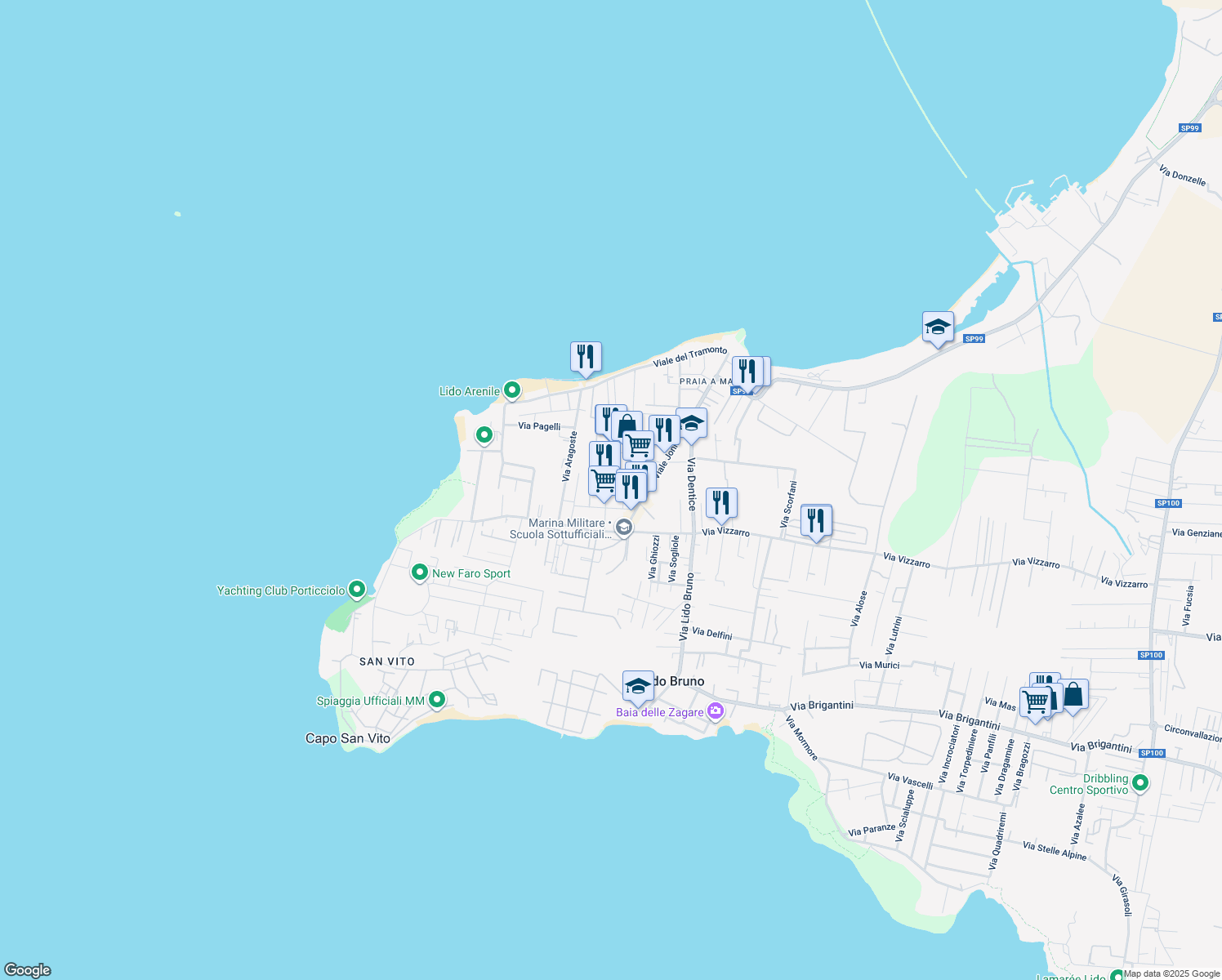 map of restaurants, bars, coffee shops, grocery stores, and more near 6 Via Suri in Taranto