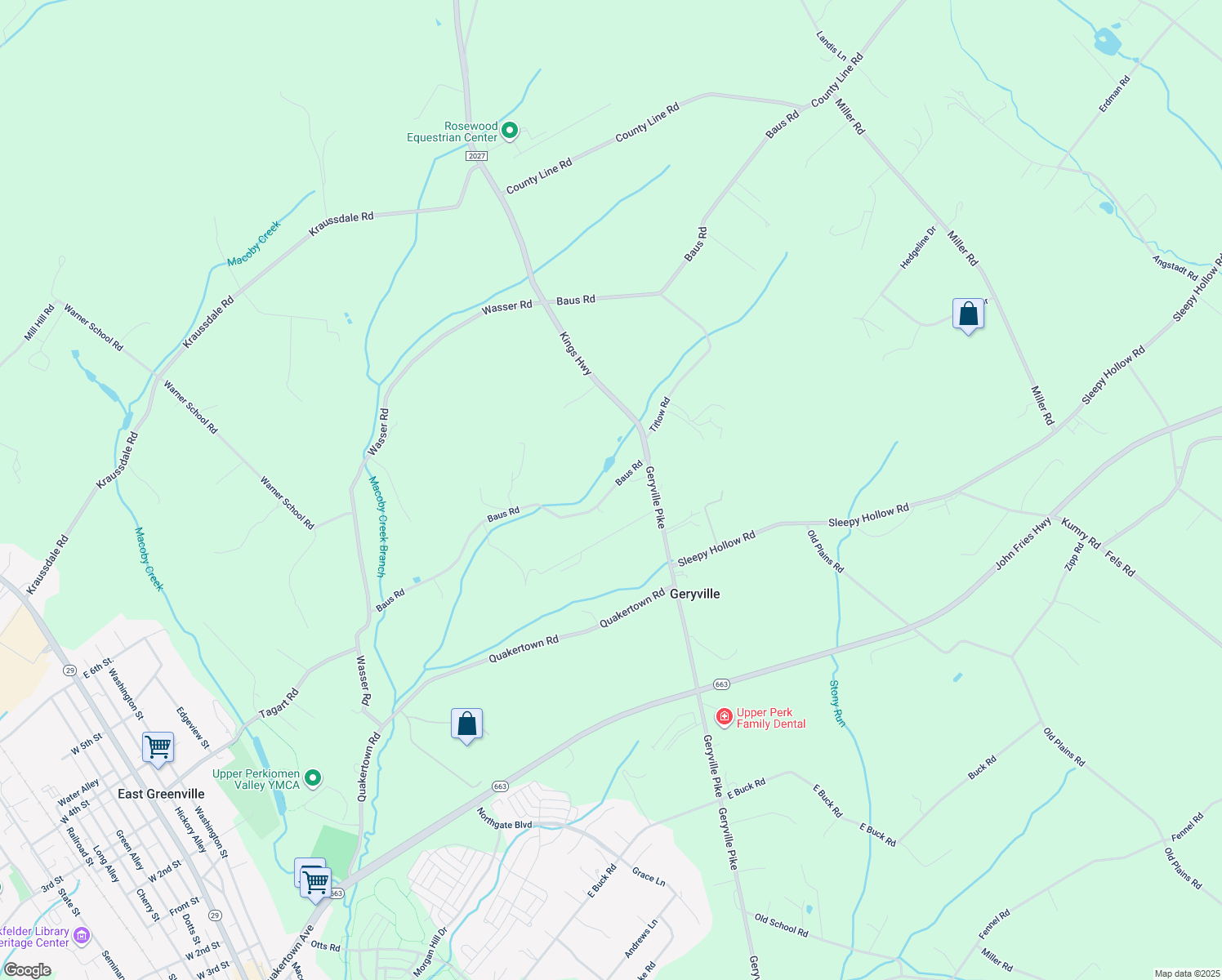 map of restaurants, bars, coffee shops, grocery stores, and more near 1115 Baus Road in East Greenville