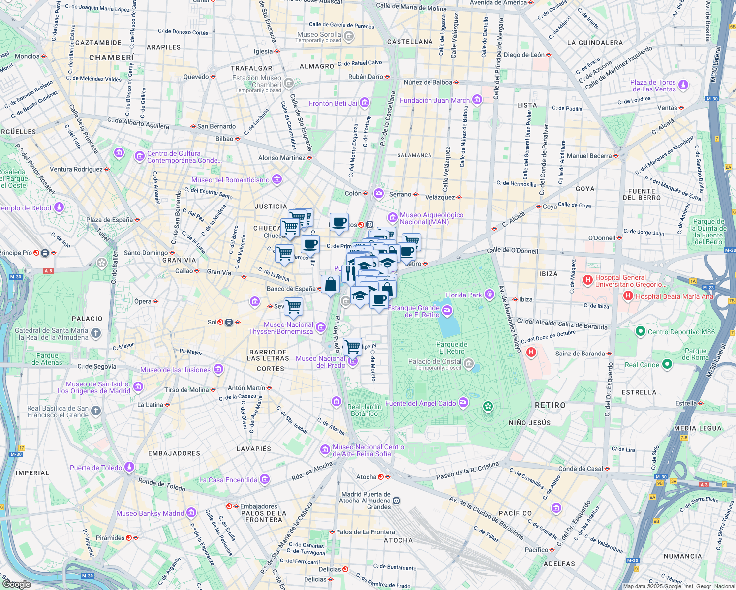 map of restaurants, bars, coffee shops, grocery stores, and more near 6 Calle de Alfonso XI in Madrid