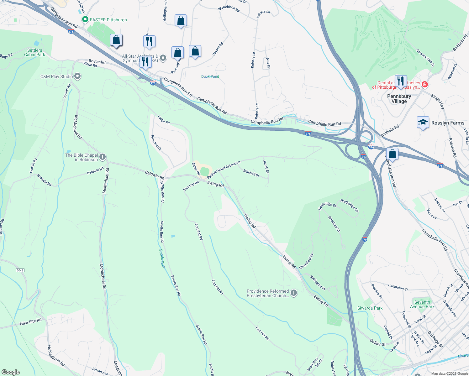map of restaurants, bars, coffee shops, grocery stores, and more near 316 Ewing Road in Carnegie