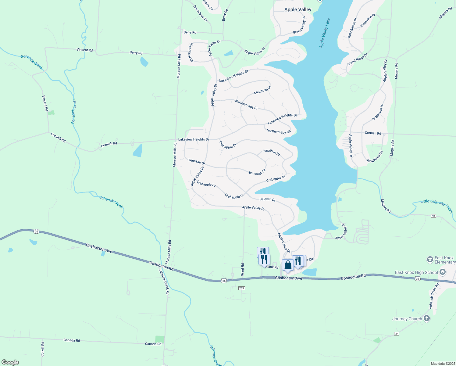 map of restaurants, bars, coffee shops, grocery stores, and more near 543 Baldwin Drive in Howard