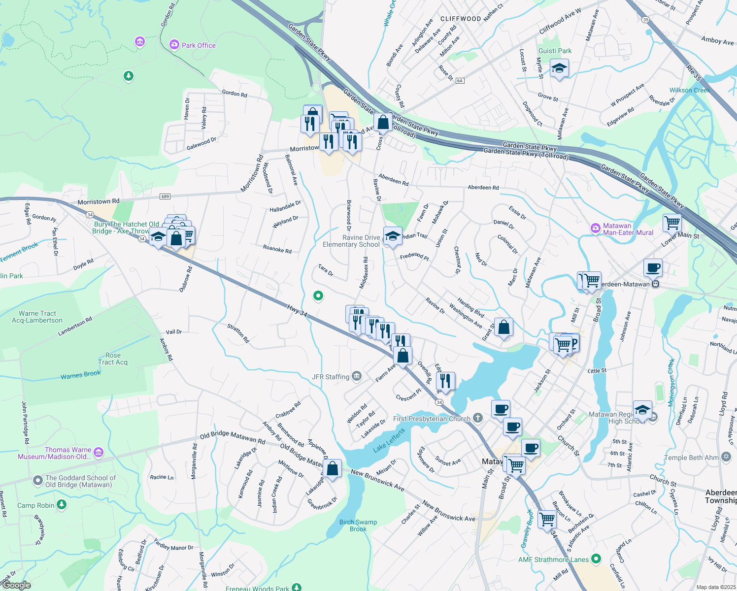 map of restaurants, bars, coffee shops, grocery stores, and more near 13 Matawan Green Lane in Matawan