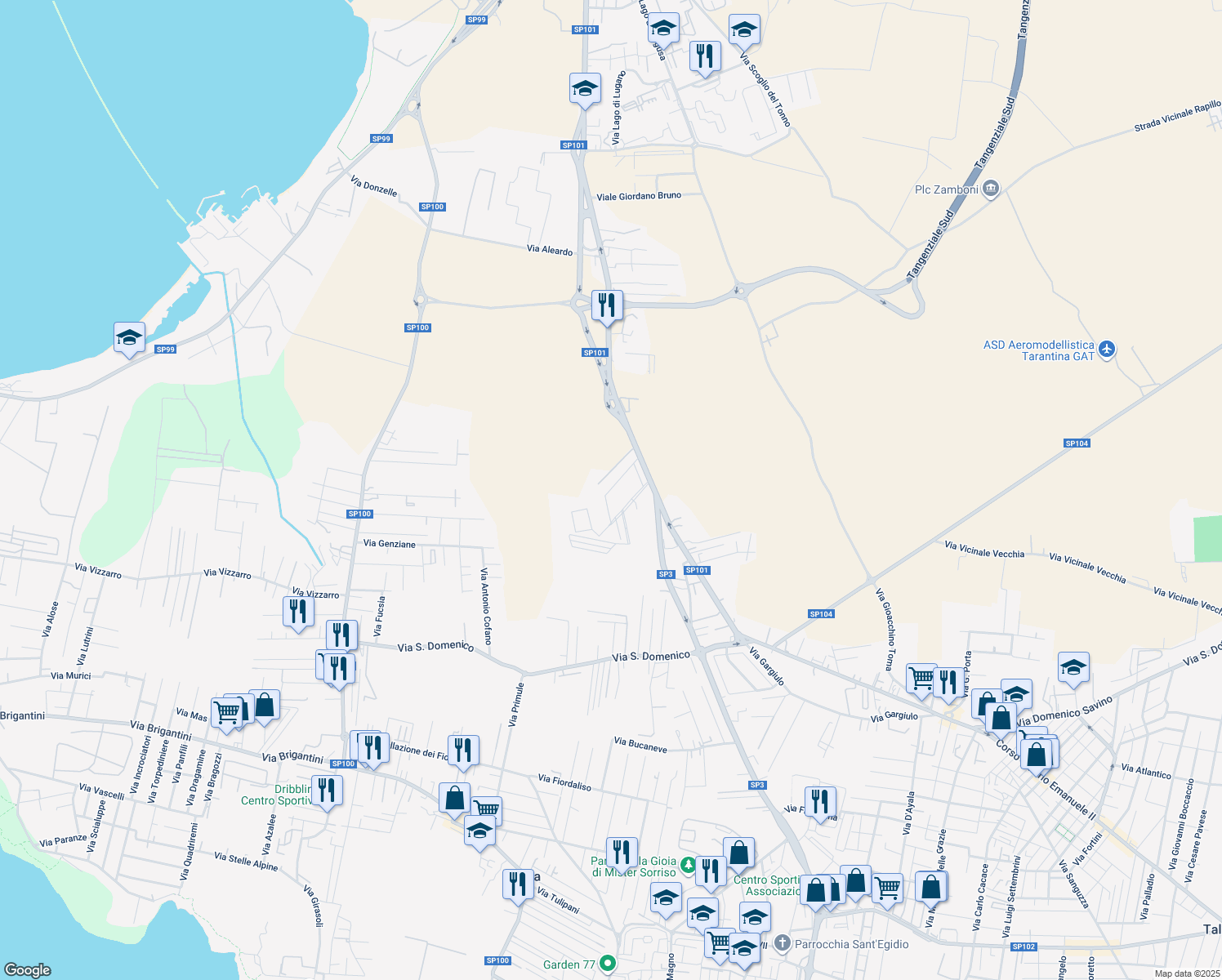 map of restaurants, bars, coffee shops, grocery stores, and more near 450 Viale Unità d'Italia in Taranto