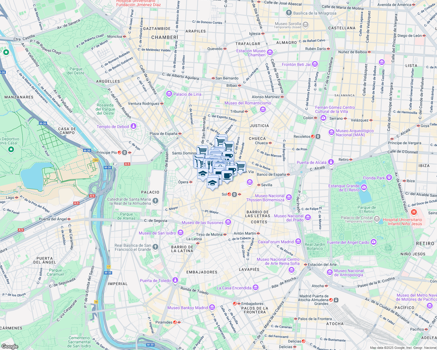 map of restaurants, bars, coffee shops, grocery stores, and more near 28 Calle de Preciados in Madrid